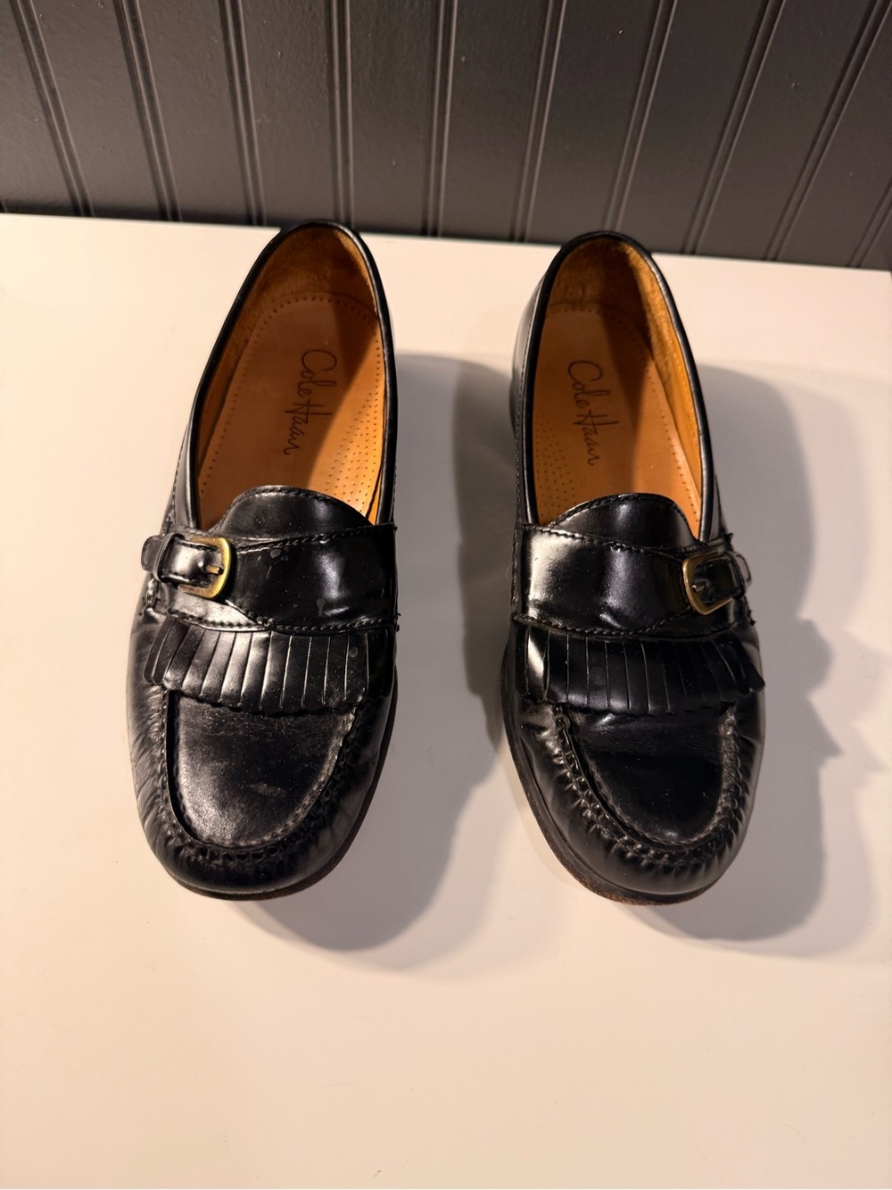 Cole Haan Black Leather Kiltie Buckle Loafers